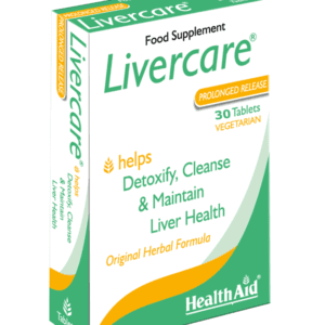 Green, yellow and white box of HealthAid's Livercare 30 Tablets with essential nutrients for liver health.