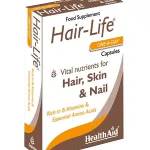 Brown and White Box containing Hair-Life® 30 capsules bristal pack promoting hair health and reducing hair loss.