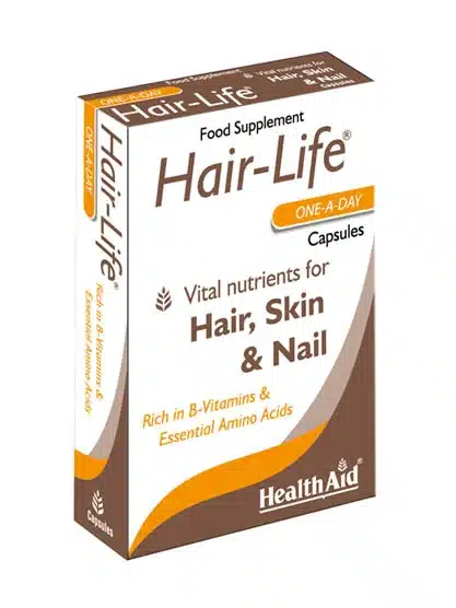 Brown and White Box containing Hair-Life® 30 capsules bristal pack promoting hair health and reducing hair loss.