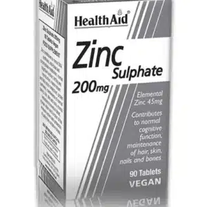 Greyb and White Box Containing Zinc Sulphate 200mg Tablets - Essential for bone health, immune function, and reproductive wellness. Suitable for vegans and vegetarians.