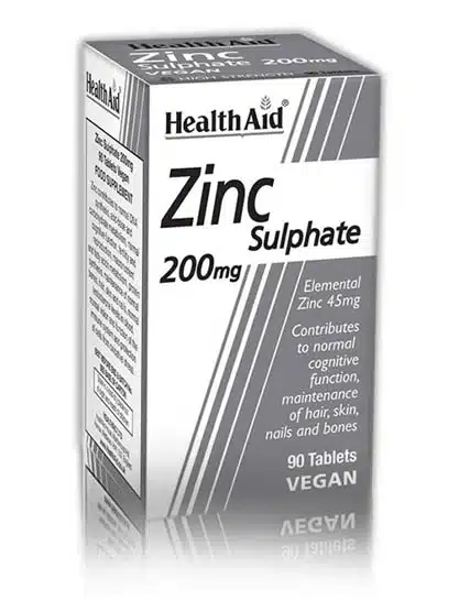Greyb and White Box Containing Zinc Sulphate 200mg Tablets - Essential for bone health, immune function, and reproductive wellness. Suitable for vegans and vegetarians.