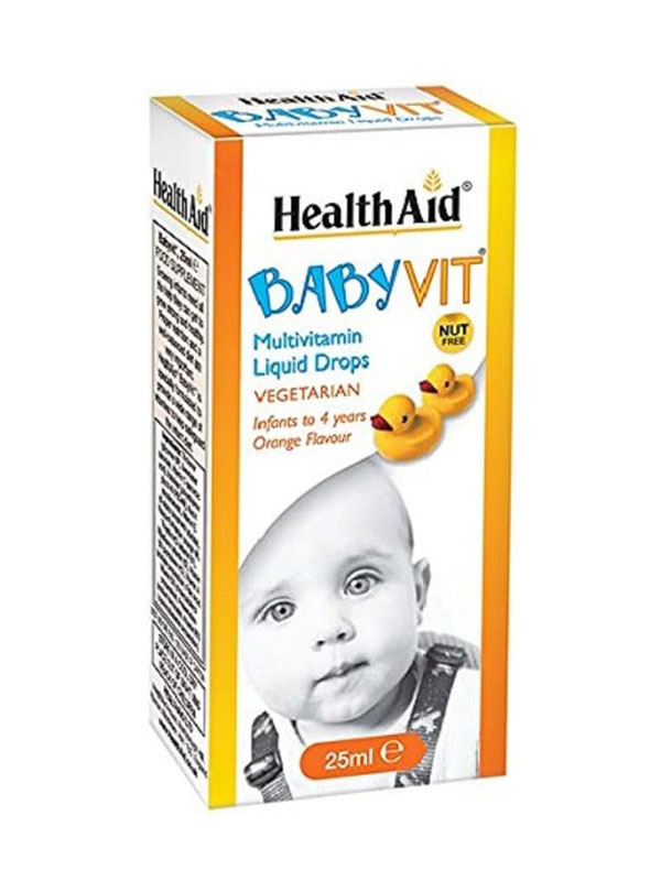 A bottle of HealthAid Babyvit Drops with an easy-to-use dropper, suitable for infants and babies.