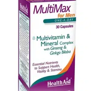 Dark Purple and White Coloured Box Containing Bottle of MultiMax for Men Capsules.