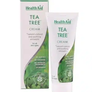 Picture of HealthAid Tea Tree Cream - Soothing and moisturizing cream enriched with Australian Tea Tree Oil for healthy skin. - Box and Bottle.