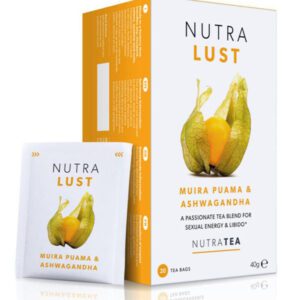 NUTRALUST Tea Bags with Ashwagandha, Ginseng, and Muira Puama to support reproductive health, energy levels, hormonal balance, and sexual vitality.