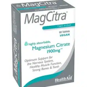 HealthAid MagCitra Tablets bottle - A reliable source of 300mg Elemental Magnesium in the form of Magnesium Citrate for enhanced vitality